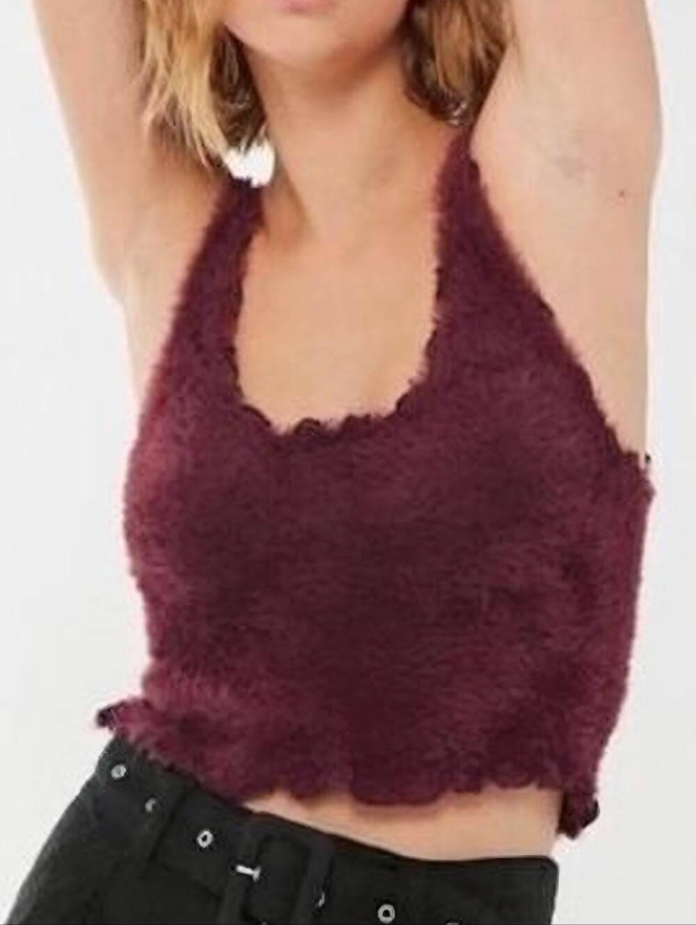 NWT Urban Outfitters fuzzy crop top tank bralette eyelash knit wine purple sz L